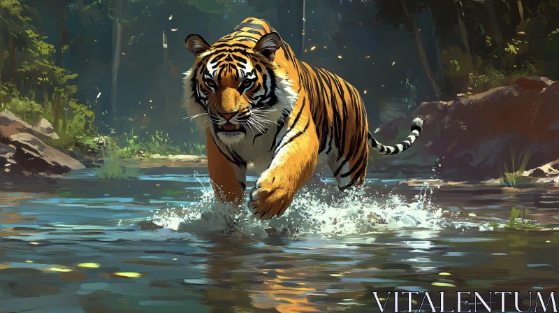 Tiger in Forest Stream AI Image