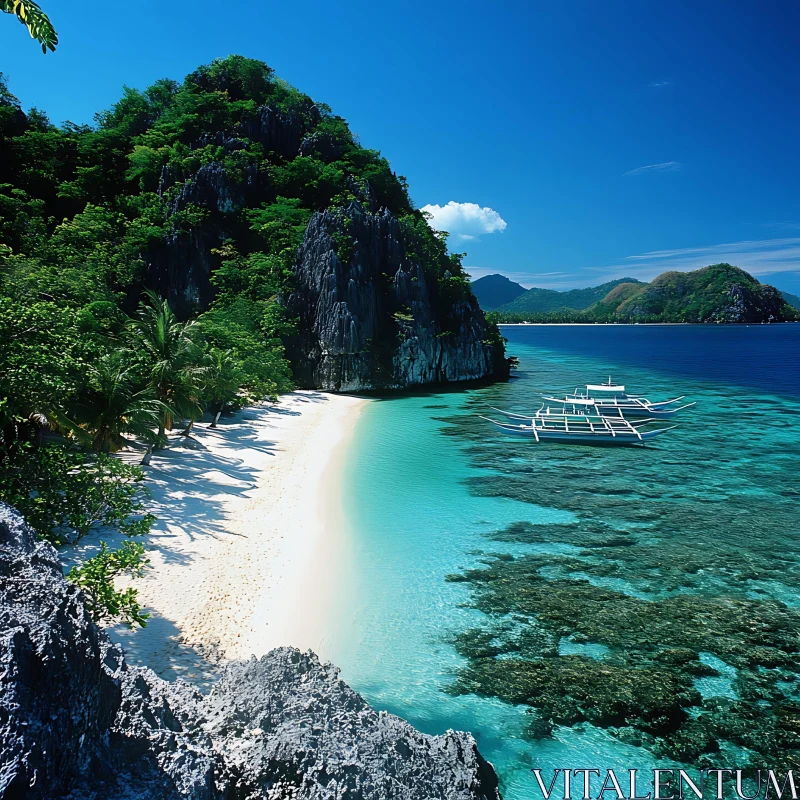 AI ART Tropical Paradise with White-Sand Beach and Traditional Boat