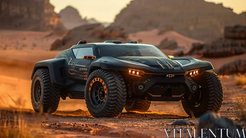 AI ART Cutting-Edge Off-Road Car in Desert Setting Sun