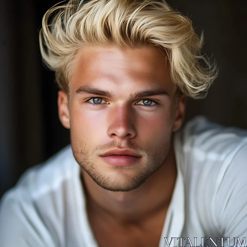 Focused Portrait of a Young Blond Man with a Defined Jawline AI Image