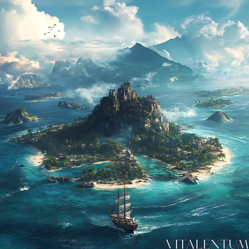 Tropical Island Paradise with Tall Sailing Ship AI Image