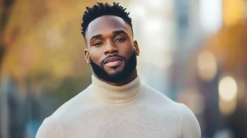 Elegant Man in Beige Turtleneck with Urban Autumn Background