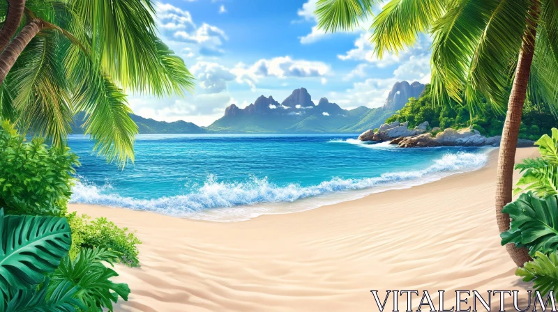 AI ART Idyllic Tropical Paradise with Pristine Beach and Mountains