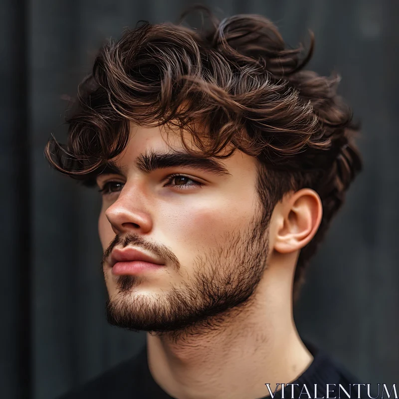 Thoughtful Young Man with Wavy Hair AI Image