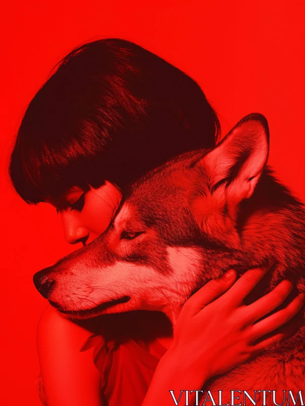 AI ART Crimson Embrace: Human and Wolf Portrait