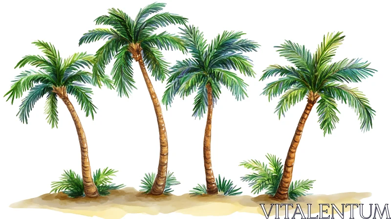 Tropical Island Palm Trees Watercolor Art AI Image