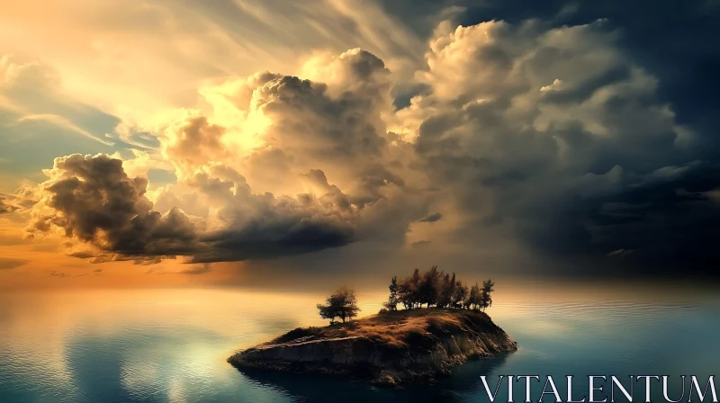 Serene Island and Dramatic Sunset Clouds AI Image