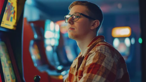 Focused Gamer at Arcade Machine