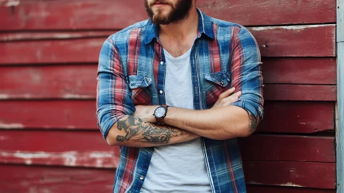 Tattooed Man in Casual Attire by Wooden Wall