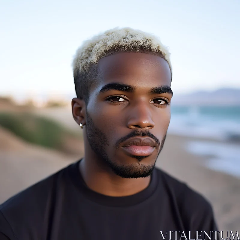 Serious Man with Blond Hair at the Coastline AI Image