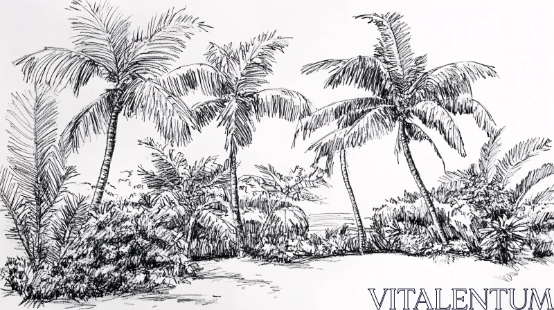 Tropical Scenery Pen Drawing AI Image