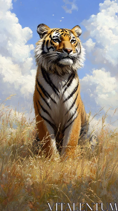 Tiger in Grassland with Blue Sky AI Image