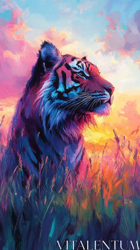 AI ART Tiger in Vibrant Sunset-Lit Landscape