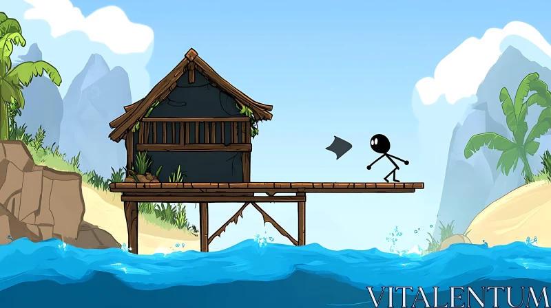 Cartoon Beach Setting with Stick Figure and Shack AI Image