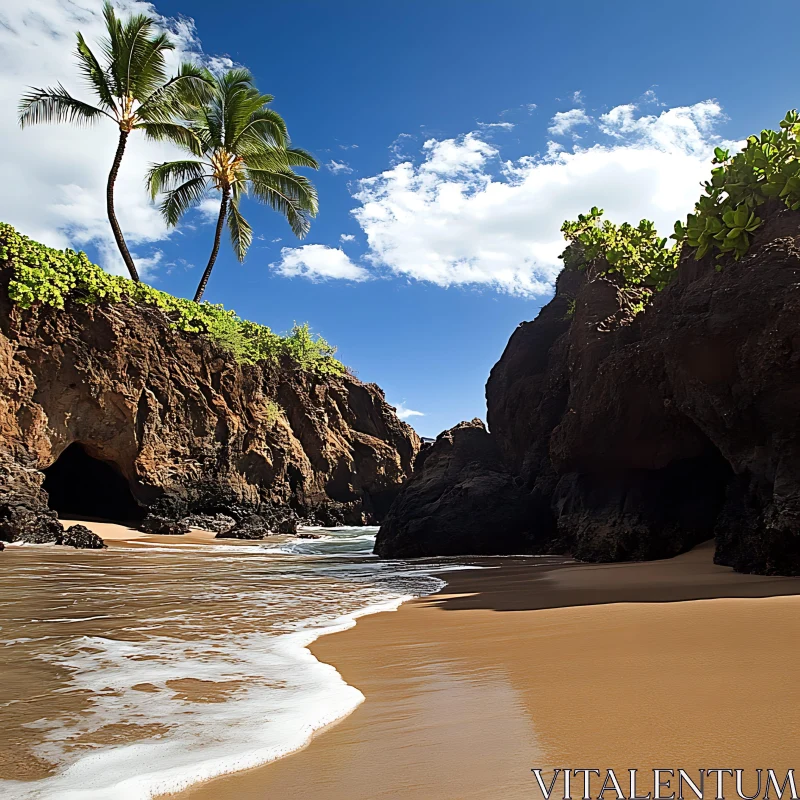 Sunny Tropical Beach with Caves and Palm Trees AI Image