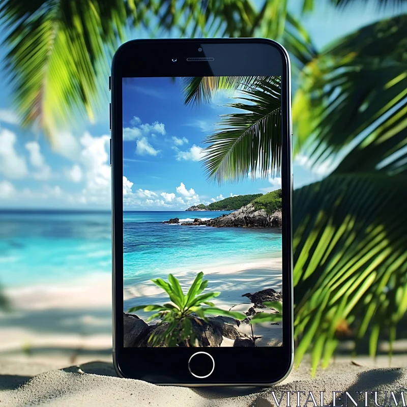 Stunning Beach on Smartphone Screen AI Image