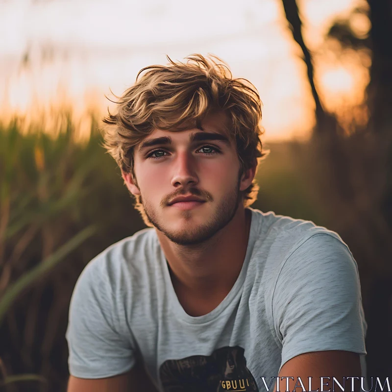 Young Man in Grey T-Shirt at Sunset AI Image