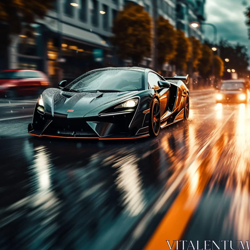 Night Drive: Black Supercar on Wet City Road AI Image