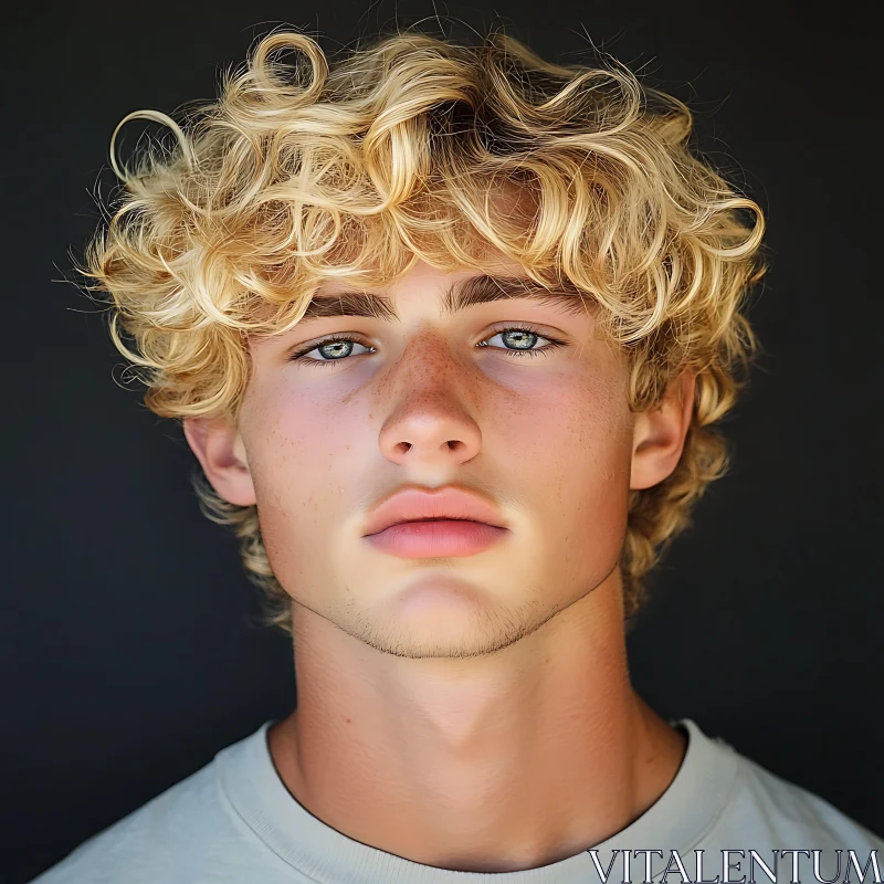 Curly Blonde-Haired Young Man with Blue Eyes AI Image