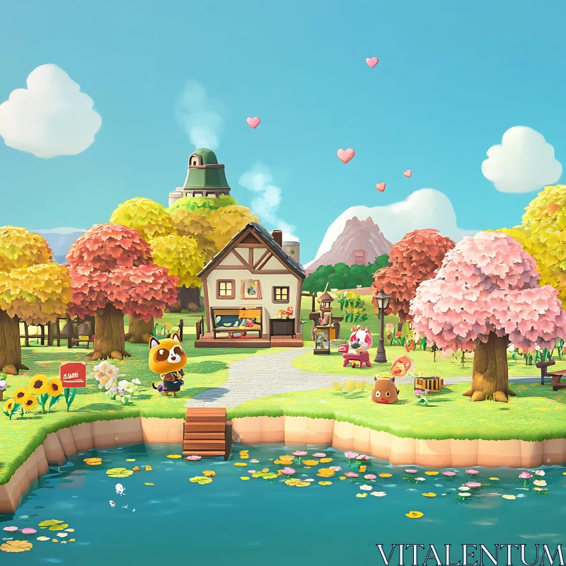 Charming Cartoon Village by the Lake AI Image