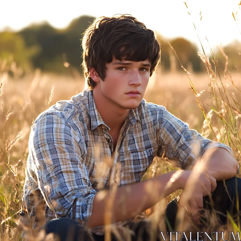 Contemplative Man in Field During Sunset AI Image