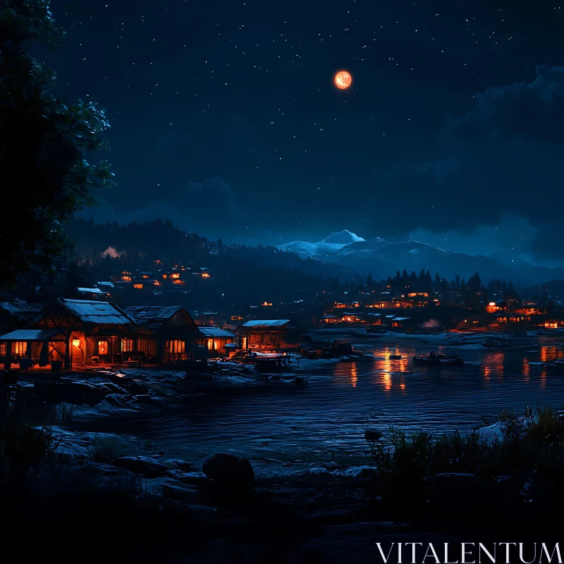 Peaceful Moonlit Village by the Lake AI Image