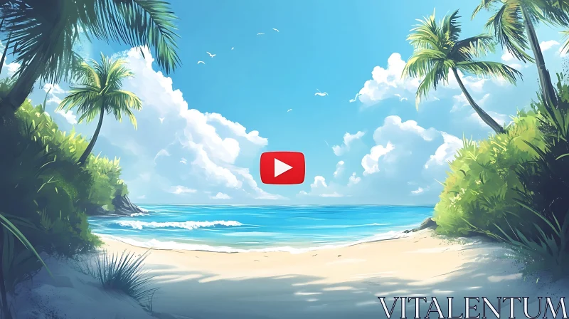 Tropical Oceanfront with Palm Trees and Play Icon AI Image