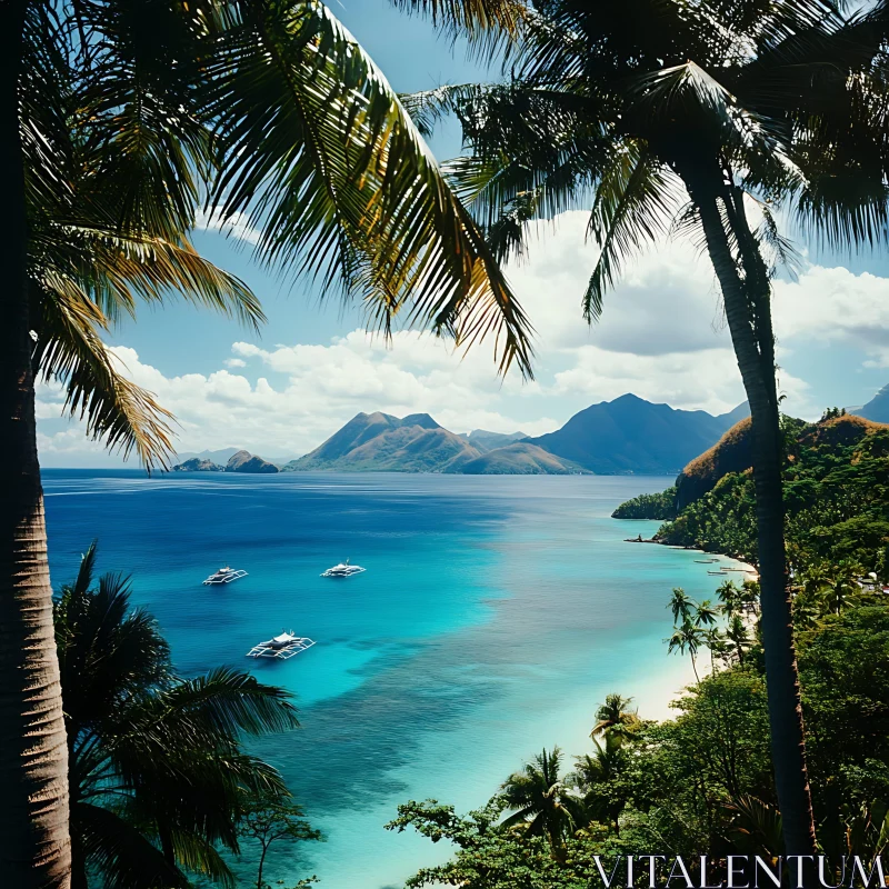 Tropical Paradise with Palms and Mountains AI Image