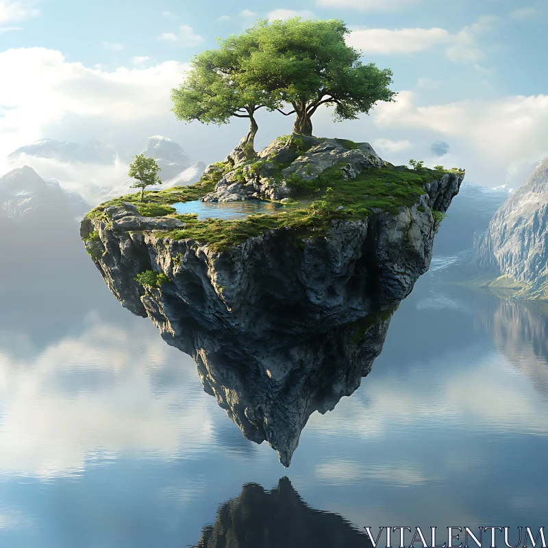 Floating Island Surrounded by Serene Mountainous Landscape AI Image