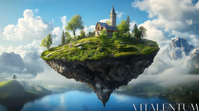 Floating Island Landscape with Church and Mountains AI Image