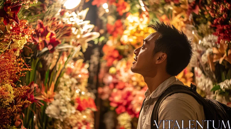 Colorful Floral Display with Man in Awe AI Image