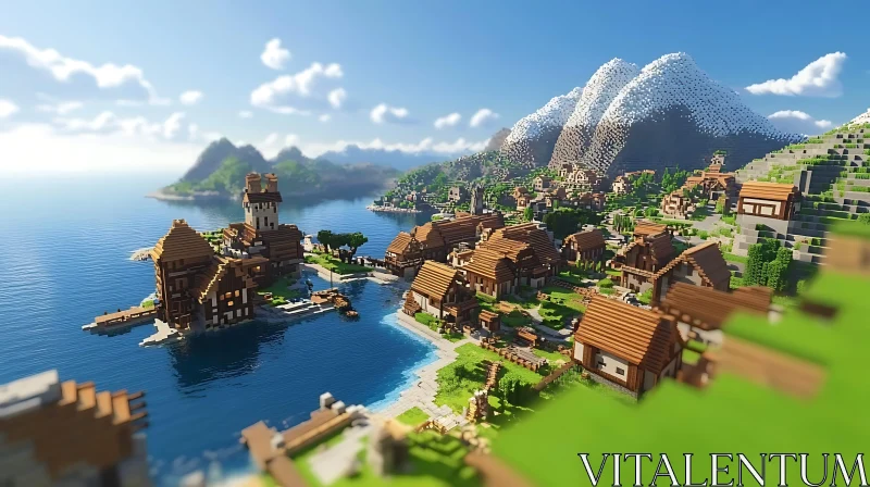 Block-Based Medieval Village Beside Ocean AI Image