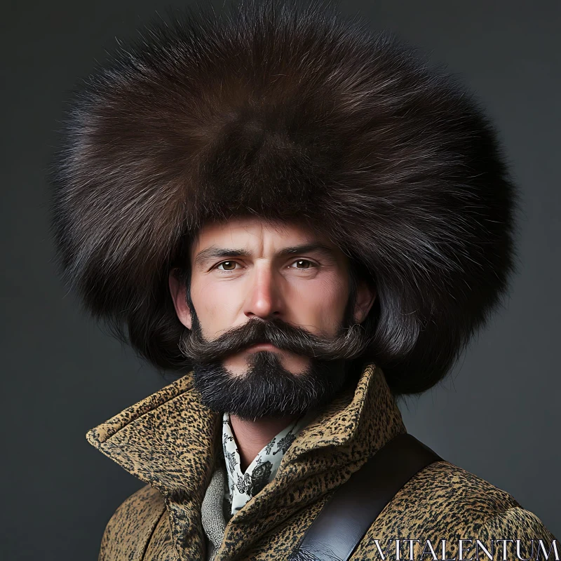 Portrait of a Man with Fluffy Fur Hat and Mustache AI Image