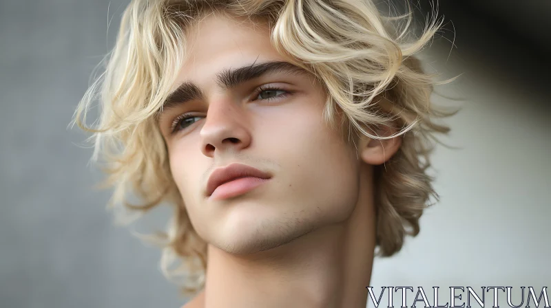 Intense Gaze of a Young Blonde Man AI Image