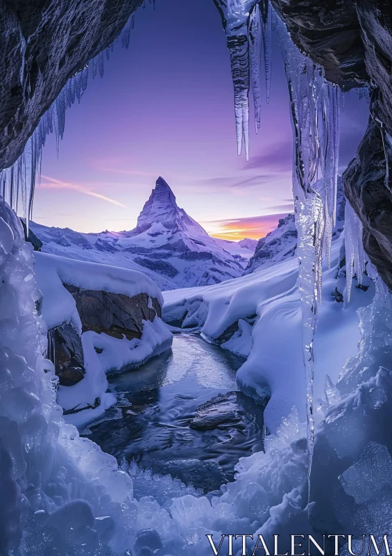 Sunset Mountain Framed by Snowy Cave AI Image