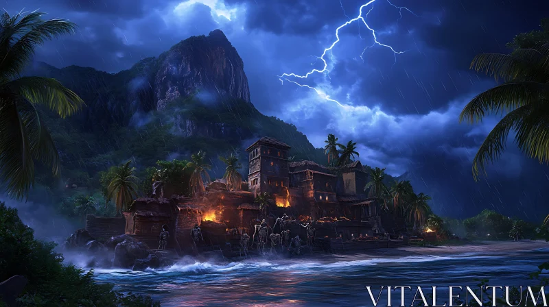 Stormy Coastal Island with Ancient Ruins AI Image