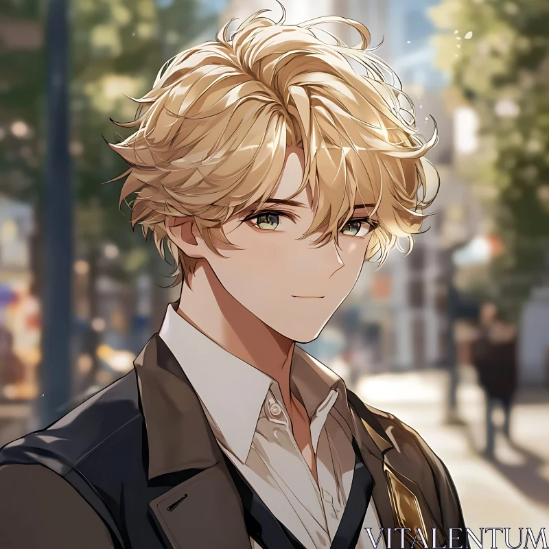 Anime Character with Blond Hair in City Scene AI Image