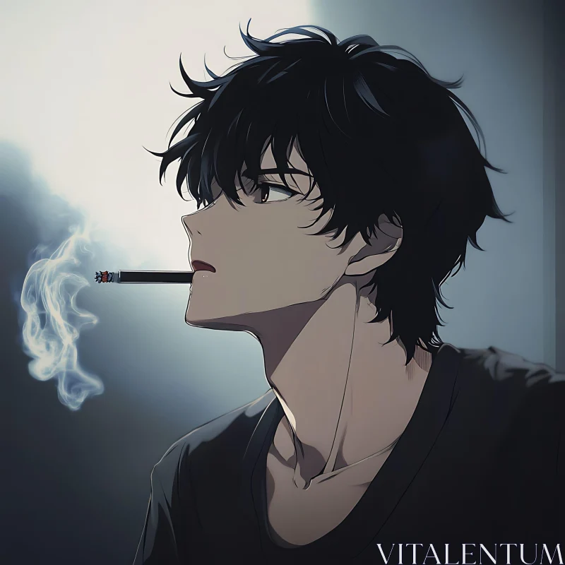 Melancholic Anime Character with Cigarette AI Image