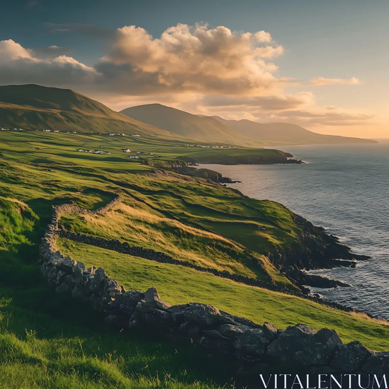 Serene Coastal Scene with Green Hills and Sunlit Ocean AI Image