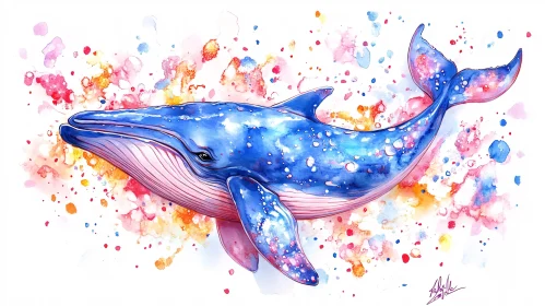 Colorful Abstract Blue Whale Watercolor Art