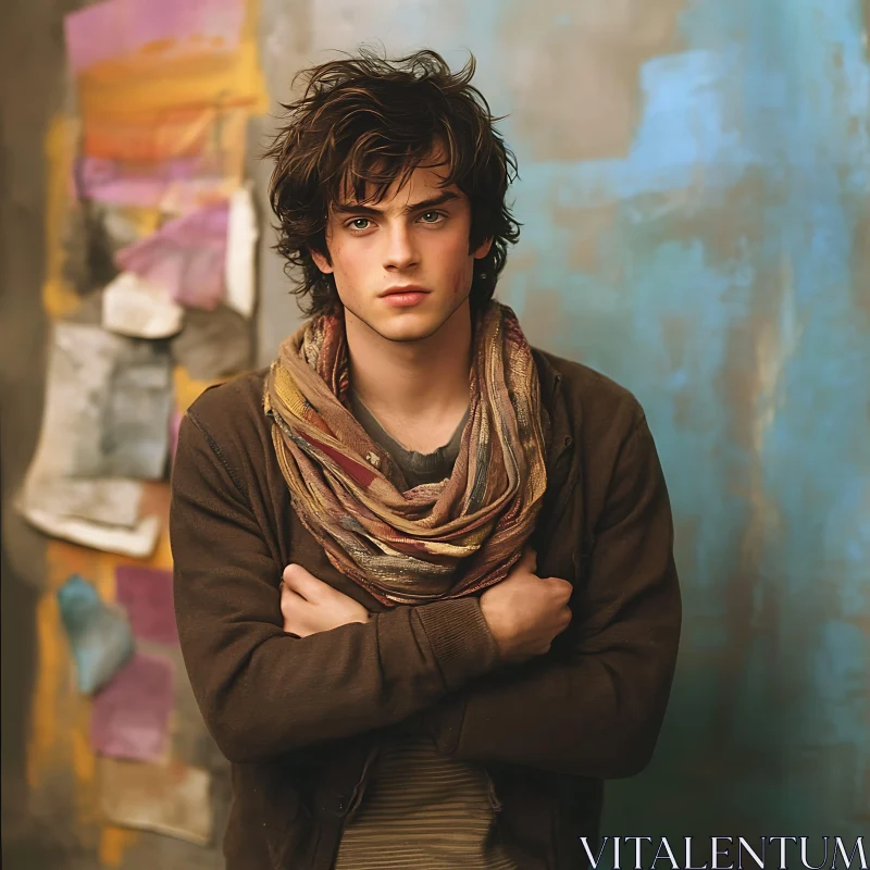 Young Man with Casual Jacket and Scarf in Artistic Setting AI Image