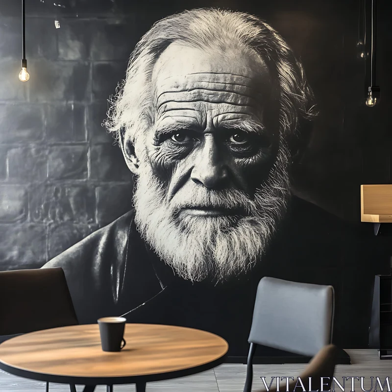 Cafe Decorated with Black and White Elderly Man Portrait AI Image