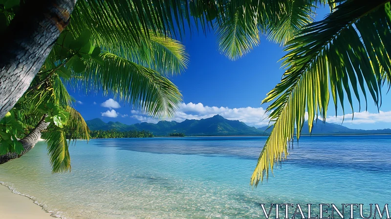 Idyllic Beach Scene with Mountains and Palm Trees AI Image