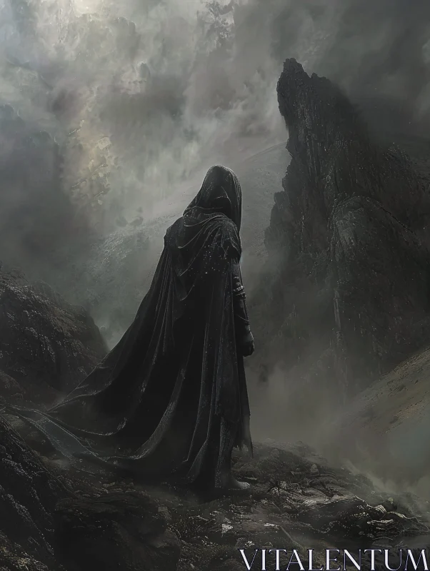 Mystical Cloaked Figure on Rugged Peak AI Image