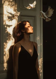 Tranquil Woman and Doves in Sunlight