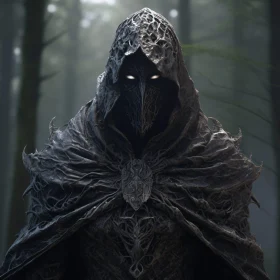 Enigmatic Hooded Figure in Dark Woods