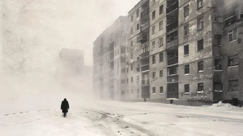 Solitary Figure in Snowy Urban Landscape