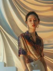 Portrait of Stylish Woman Against Draped Fabric