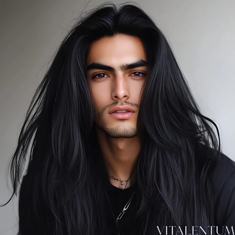 Intense Male Look with Flowing Black Hair