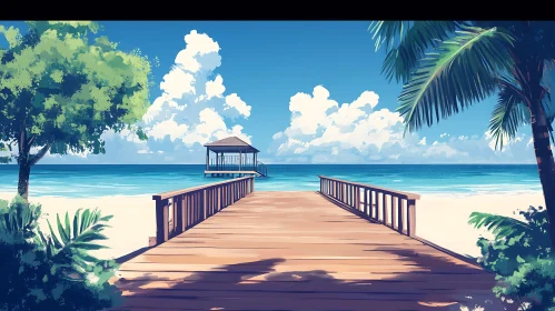 Tranquil Beach Scene with Wooden Pier and Gazebo